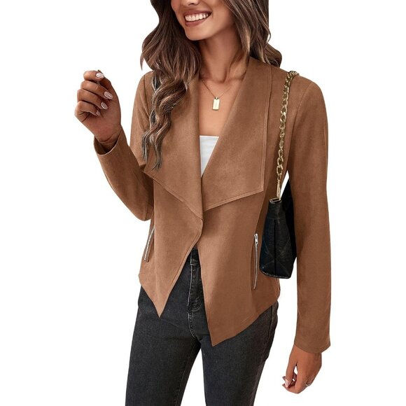 Women's Camel PRETTYGARDEN Faux Suede Jackets Fashion Fall Clothes Long Sleeve - Picture 1 of 9